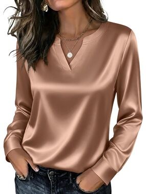 Zeagoo Women's Light Khaki V-Neck Long Sleeve Pull on Imported Satin Silk Tops